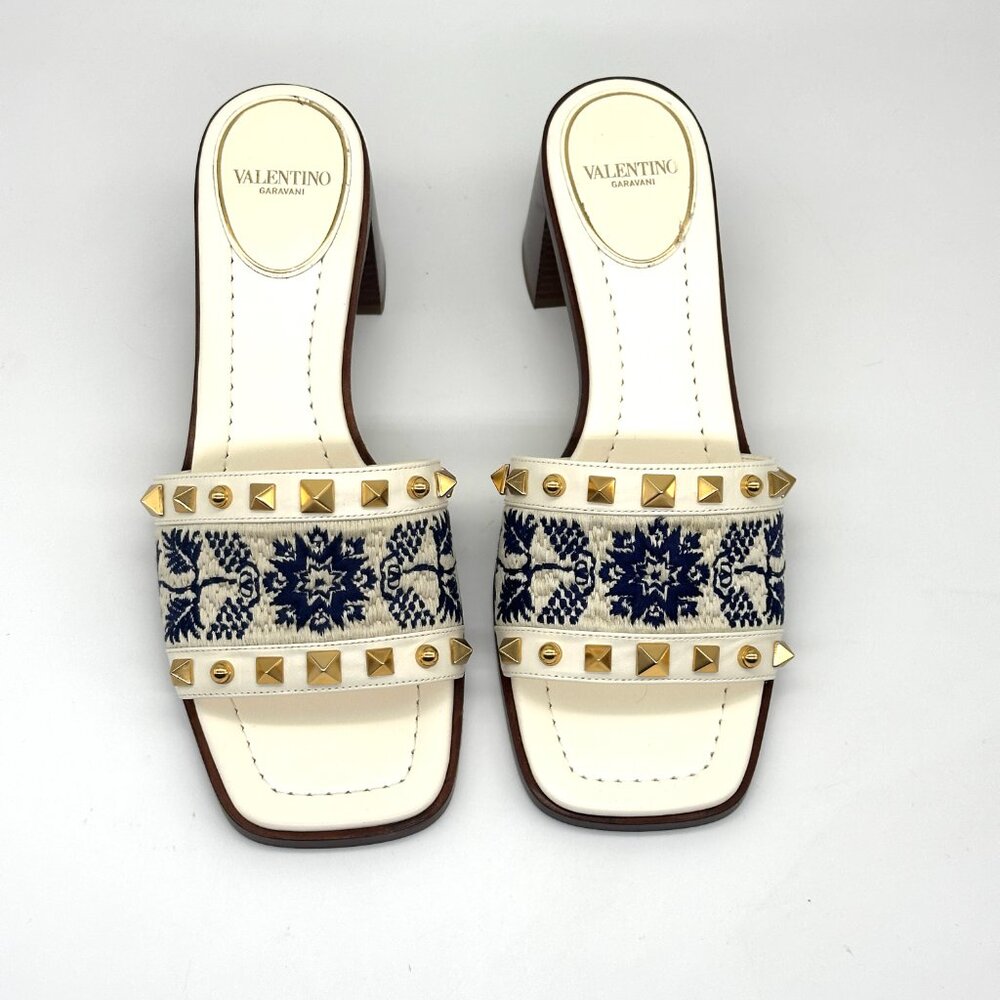 Valentino County Rockstud Slide Sandals Embroidered Mules Heels Shoes - Picture 9 of 16